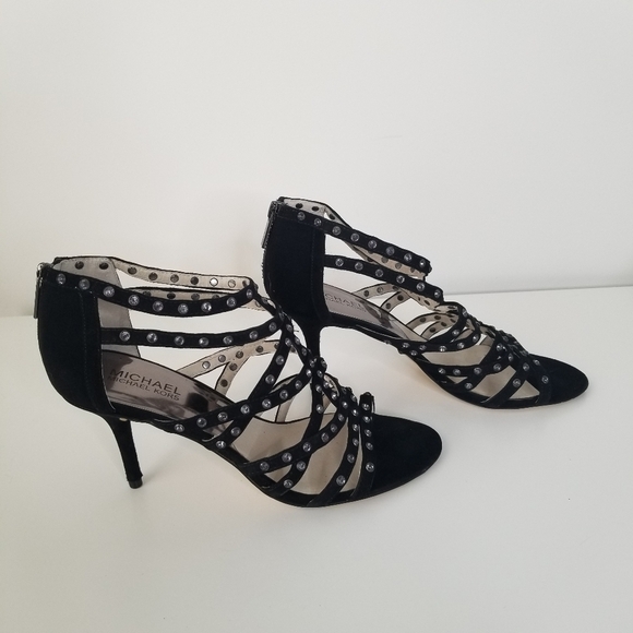 Michael Michael Kors Maddie Jeweled T-Strap Suede Peep Toe Heels Black Size 9 - Picture 7 of 12